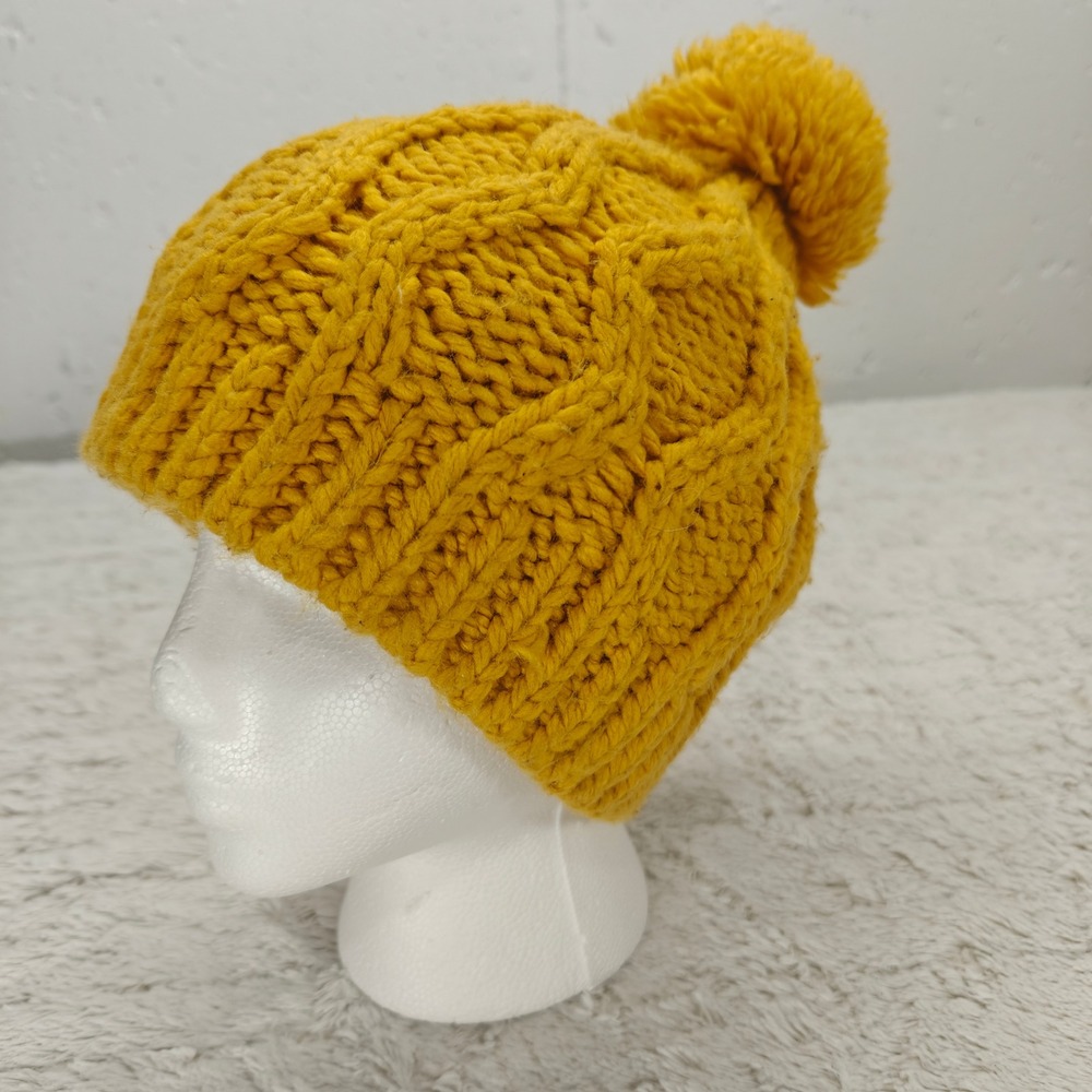 Moon Shadow Mustard Yellow Cable Knit Lined Beanie Hat Pom Boho Cozy Winter Warm
